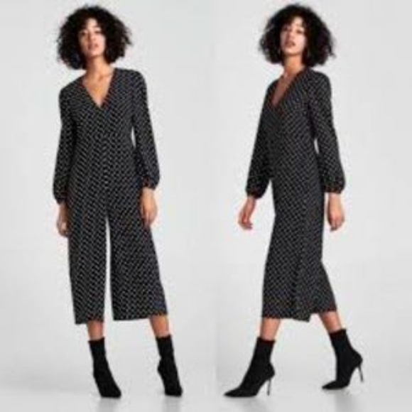 Zara Woman Large polka dot palazzo cropped wide leg jumpsuit - Picture 2 of 6